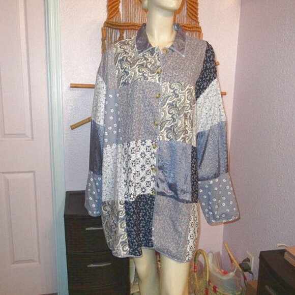 Vintage America Tops - Florissant Patchwork Tunic Top Size 2X Button Up Dress Artsy Lagenlook Boho NEW